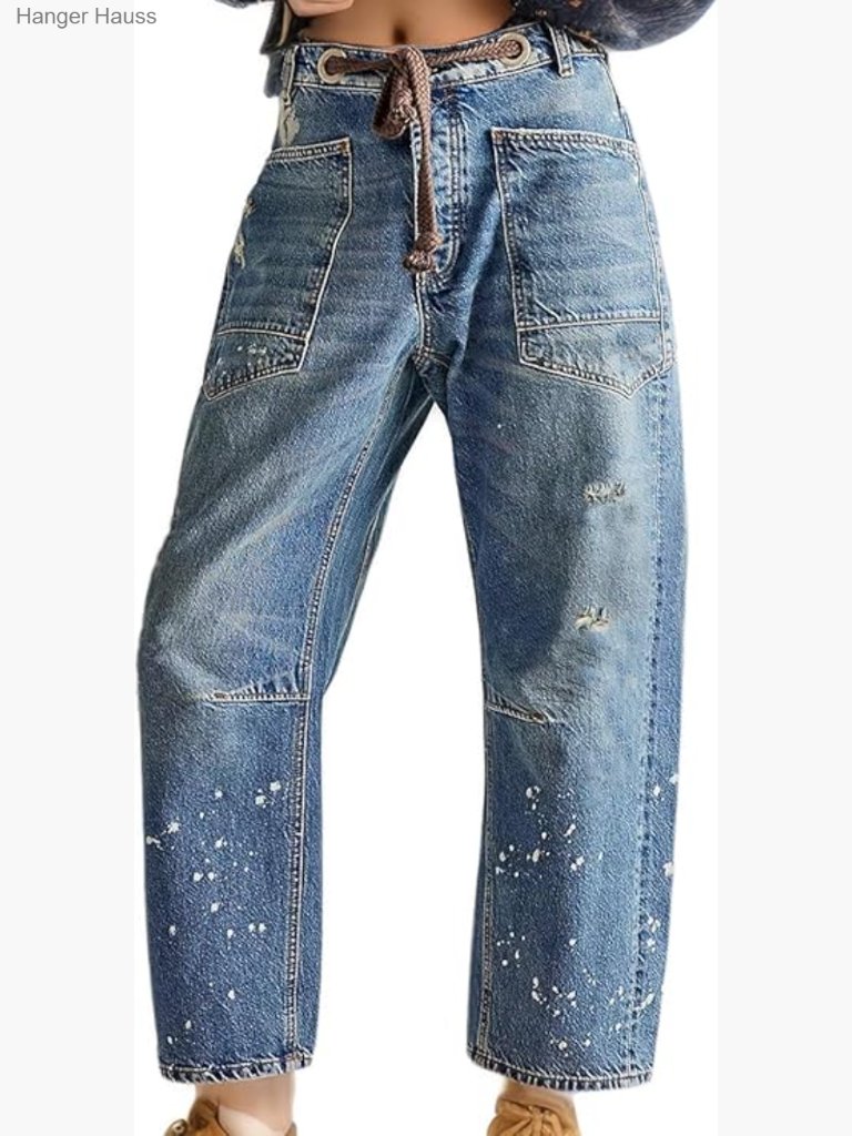 Low Rise Wide Leg Barrel Jeans Drawstring Elastic Waist Baggy Pants